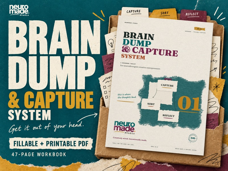 Brain Dump & Capture System by NeuroMade. 47-page fillable and printable PDF, with the real portrait workbook cover in a tactile illustrated scene.