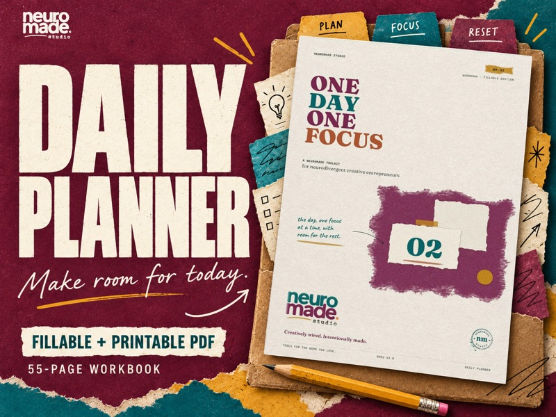 Daily Planner by NeuroMade. 55-page fillable and printable PDF, with the real portrait workbook cover in a tactile illustrated scene.