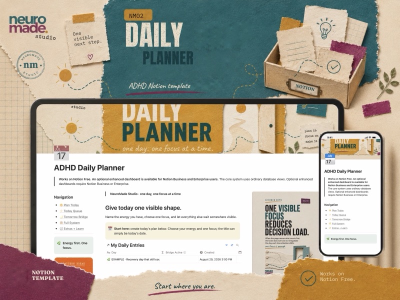 NeuroMade ADHD Daily Planner product introduction with a preview of the Notion workspace.