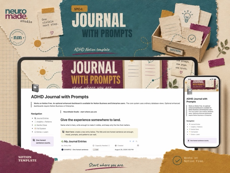 NeuroMade ADHD Journal with Prompts product introduction with a preview of the Notion workspace.