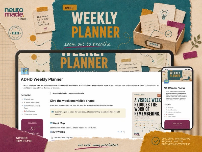 NeuroMade ADHD Weekly Planner product introduction with a preview of the Notion workspace.