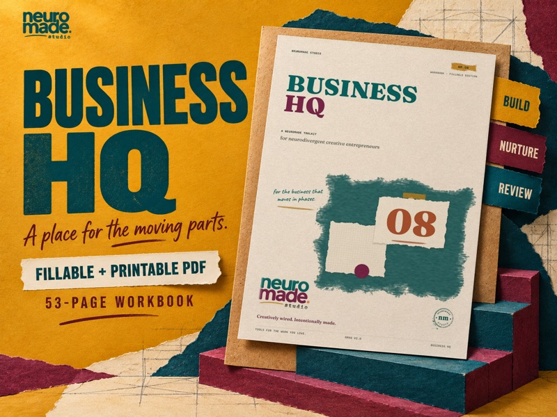 Business HQ by NeuroMade. 53-page fillable and printable PDF, with the real portrait workbook cover in a tactile illustrated scene.