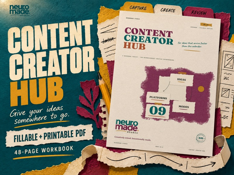 Content Creator Hub by NeuroMade. 48-page fillable and printable PDF, with the real portrait workbook cover in a tactile illustrated scene.