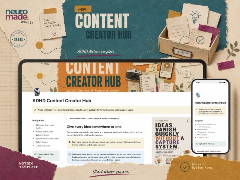 NeuroMade ADHD Content Creator Hub product introduction with a preview of the Notion workspace.