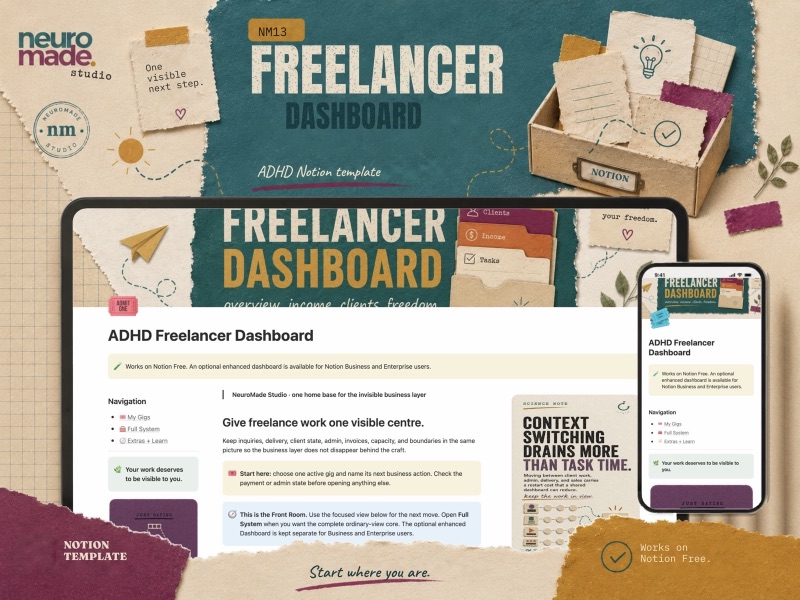 NeuroMade ADHD Freelancer Dashboard product introduction with a preview of the Notion workspace.