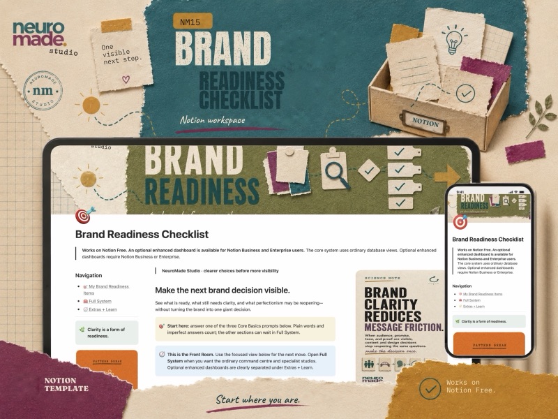 NeuroMade Brand Readiness Checklist product introduction with a preview of the Notion workspace.