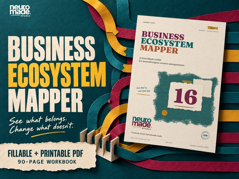 Business Ecosystem Mapper by NeuroMade. 90-page fillable and printable PDF, with the real portrait workbook cover in a tactile illustrated scene.