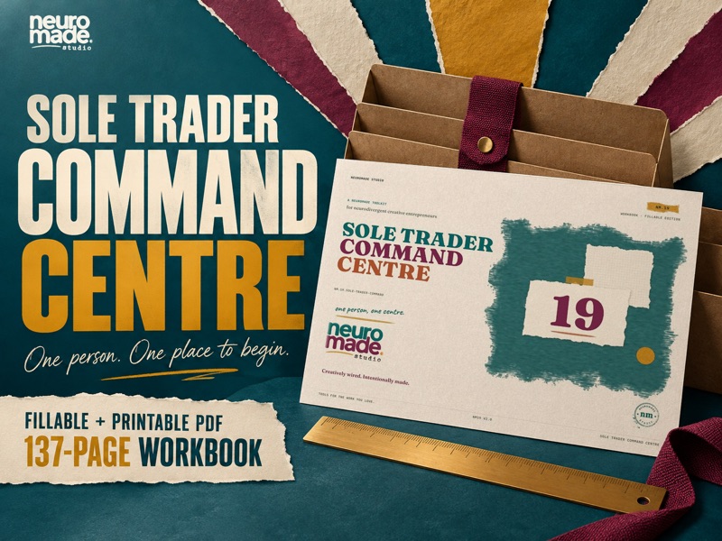 Sole Trader Command Centre by NeuroMade. 137-page fillable and printable PDF, with the real landscape workbook cover in a tactile illustrated scene.