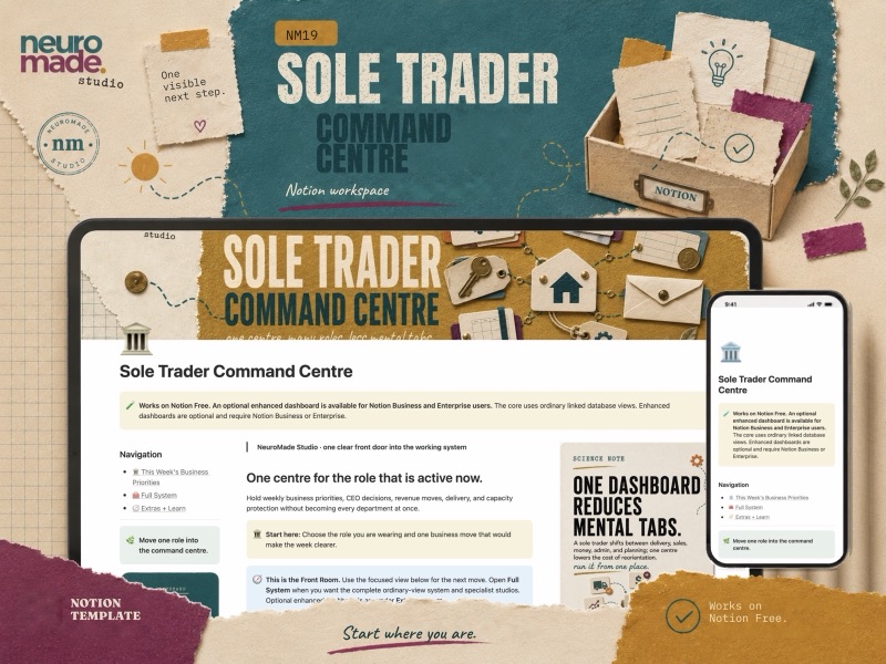 NeuroMade Sole Trader Command Centre product introduction with a preview of the Notion workspace.